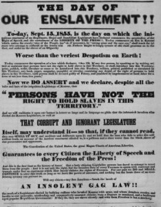 1855 Free-State poster in Kansas Territory, calling for action against slavery supporters and slavery-supporting laws (Wikipedia)